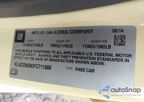 2015 Chevrolet Spark 1Lt Cvt из США, поврежденный, VIN KL8CD6S90FC711889